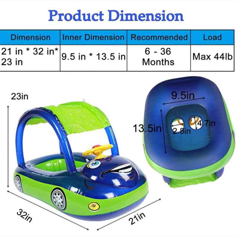 Baby Inflatable Pool Float with Canopy, Car Shaped Swim Float Boat with Sunshade for Toddler Pool Float
