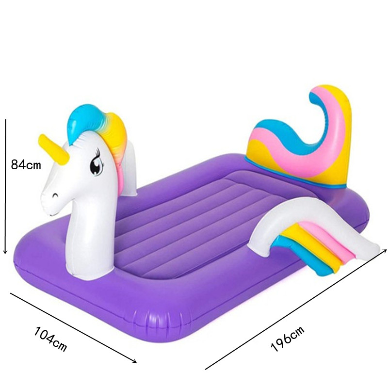 High Quantity Comfortable Flocking Inflatable Unicorn Shaped Kids Airbed With Frame Durable Folding Portable Child Camping bed
