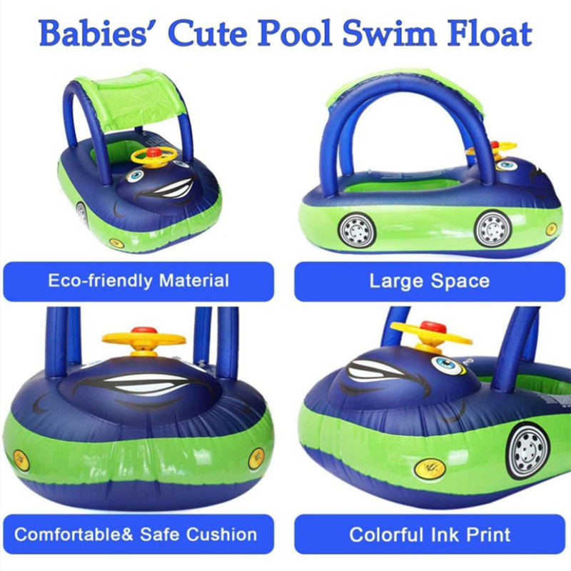 Baby Inflatable Pool Float with Canopy, Car Shaped Swim Float Boat with Sunshade for Toddler Pool Float